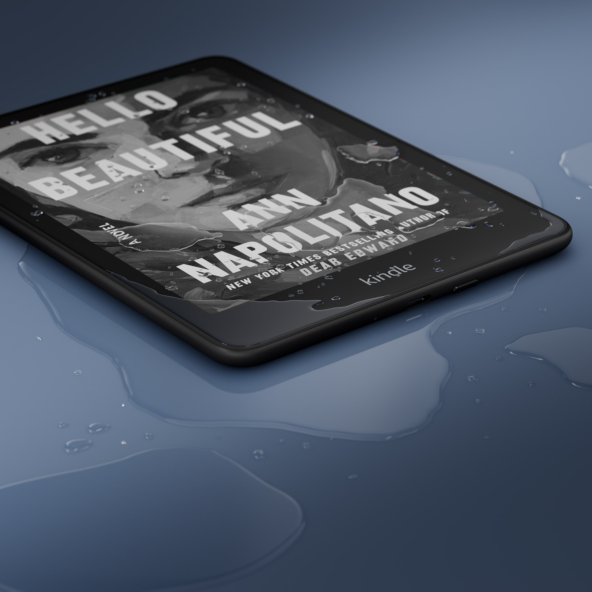 Thin profile view of Kindle Paperwhite Signature Edition. Water droplets in the shape of butterflies float around the device.