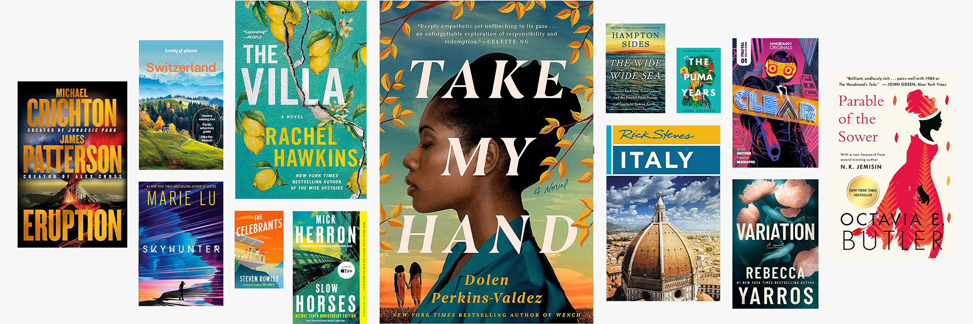 A large collage of various, colorful book covers.