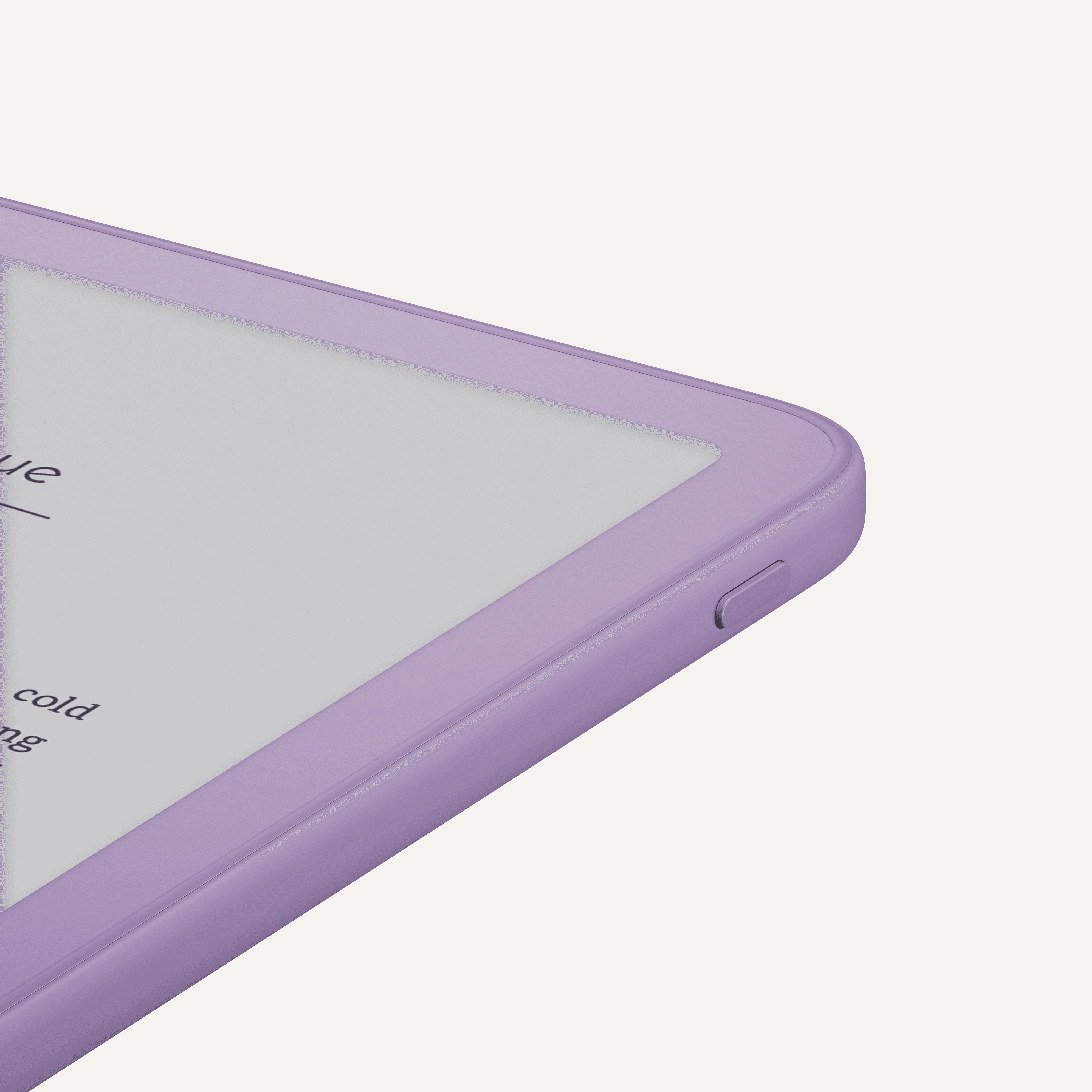A purple Kindle with rounded corners displaying text from a book. Power button on top right edge.