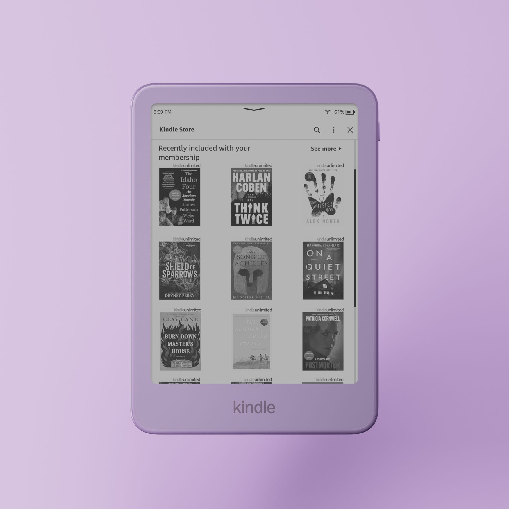 Kindle displaying Kindle library with recently included books.