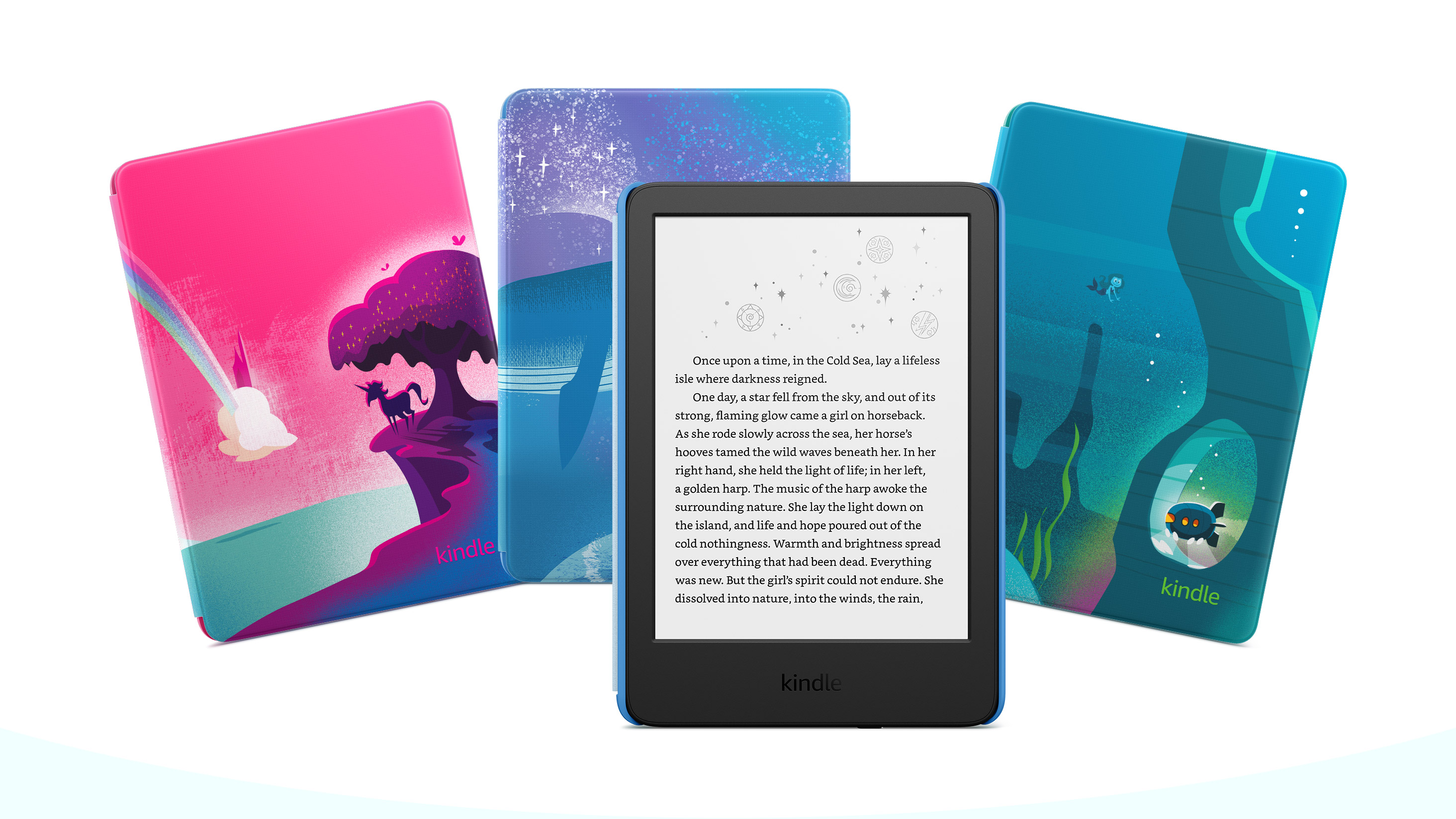 Kindle Kids displaying a book page. Behind are three Kindle Kids covers: unicorn-theme, aquatic whale-theme, and Ocean Explorer theme.