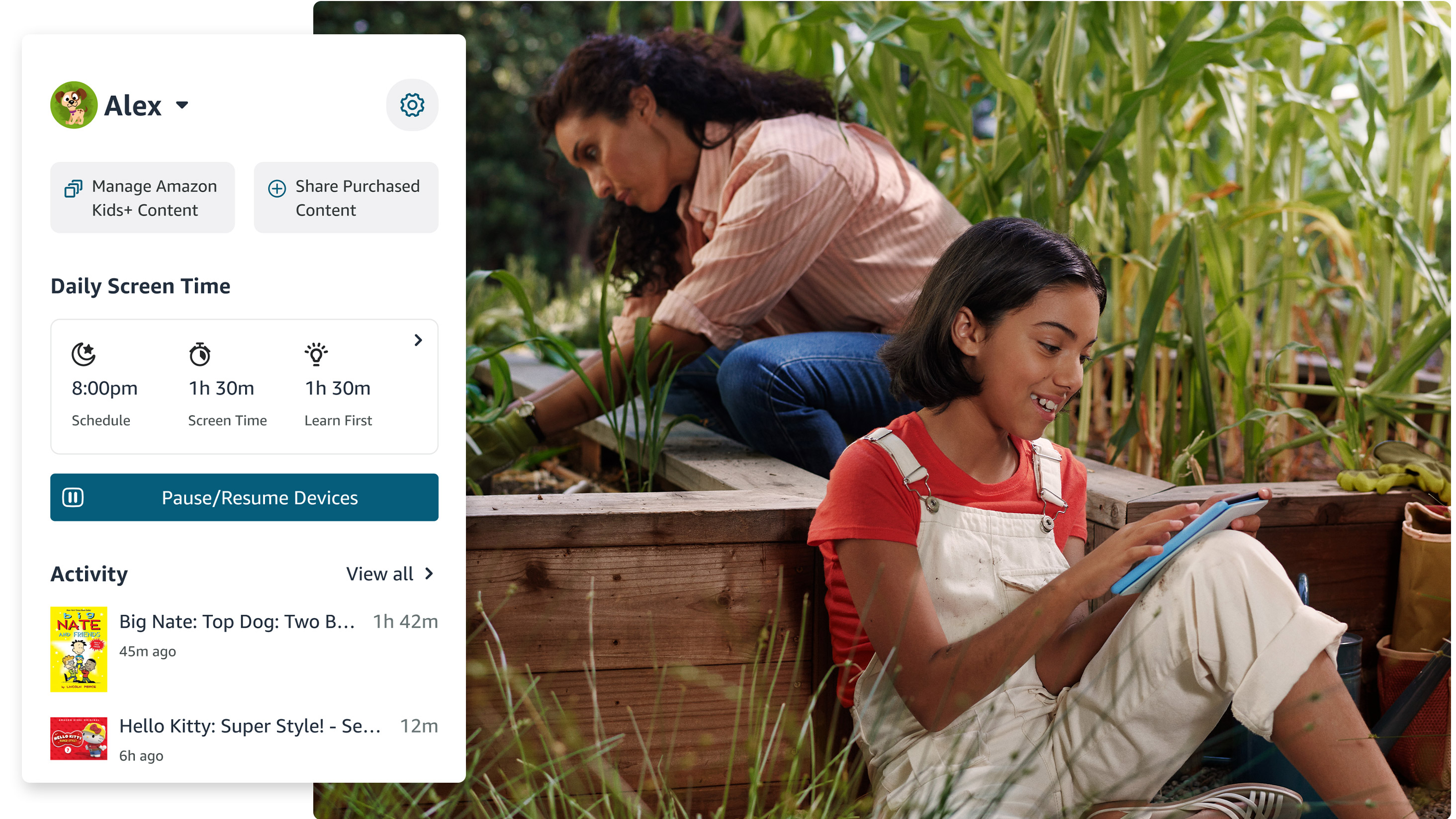 In a garden, a mother fixes a plant while child reads a  book. Snapshot of Amazon Parent Dashboard shows child reading amount and book  titles.
