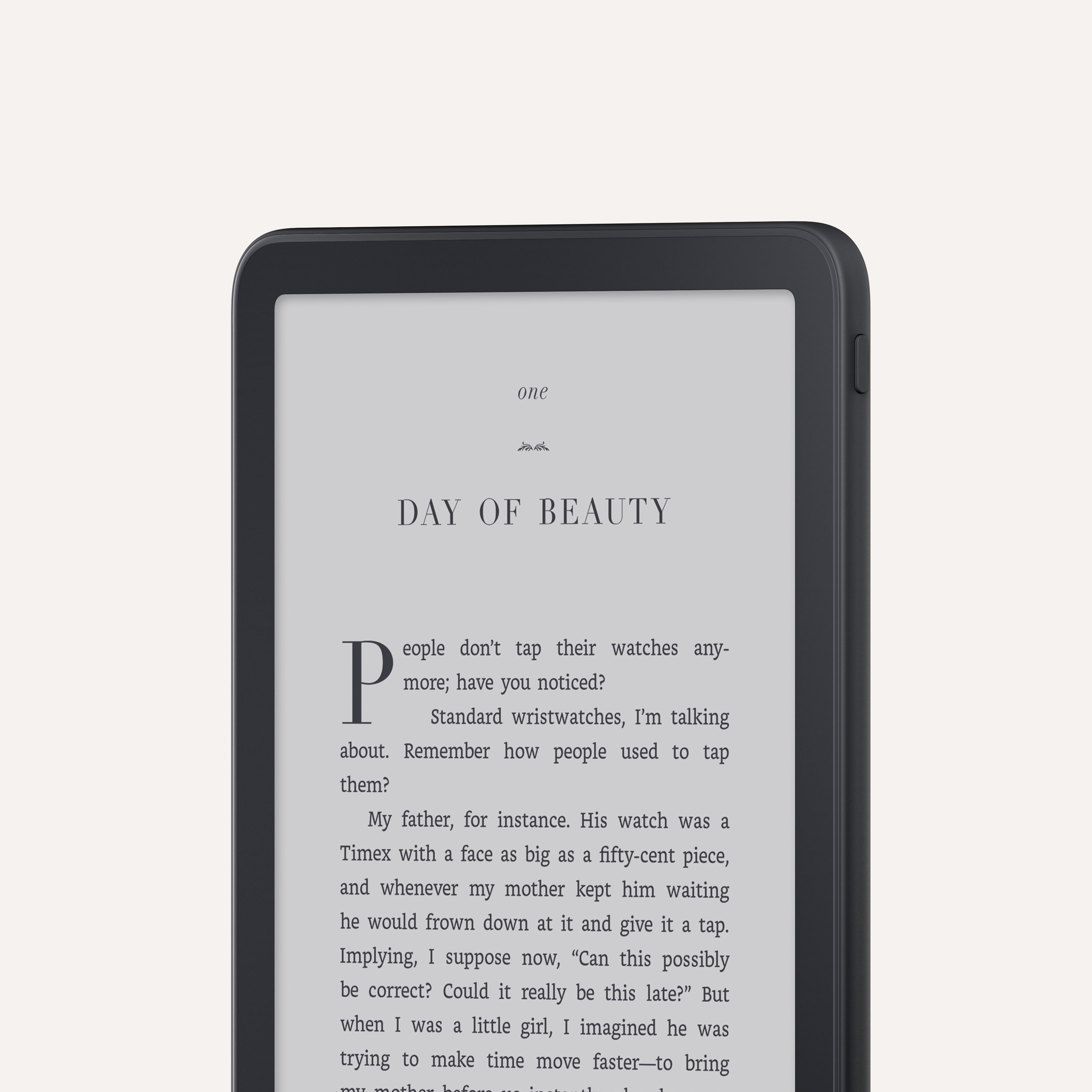 Amazon Kindle Paperwhite displaying a book page with the title Day of Beauty.