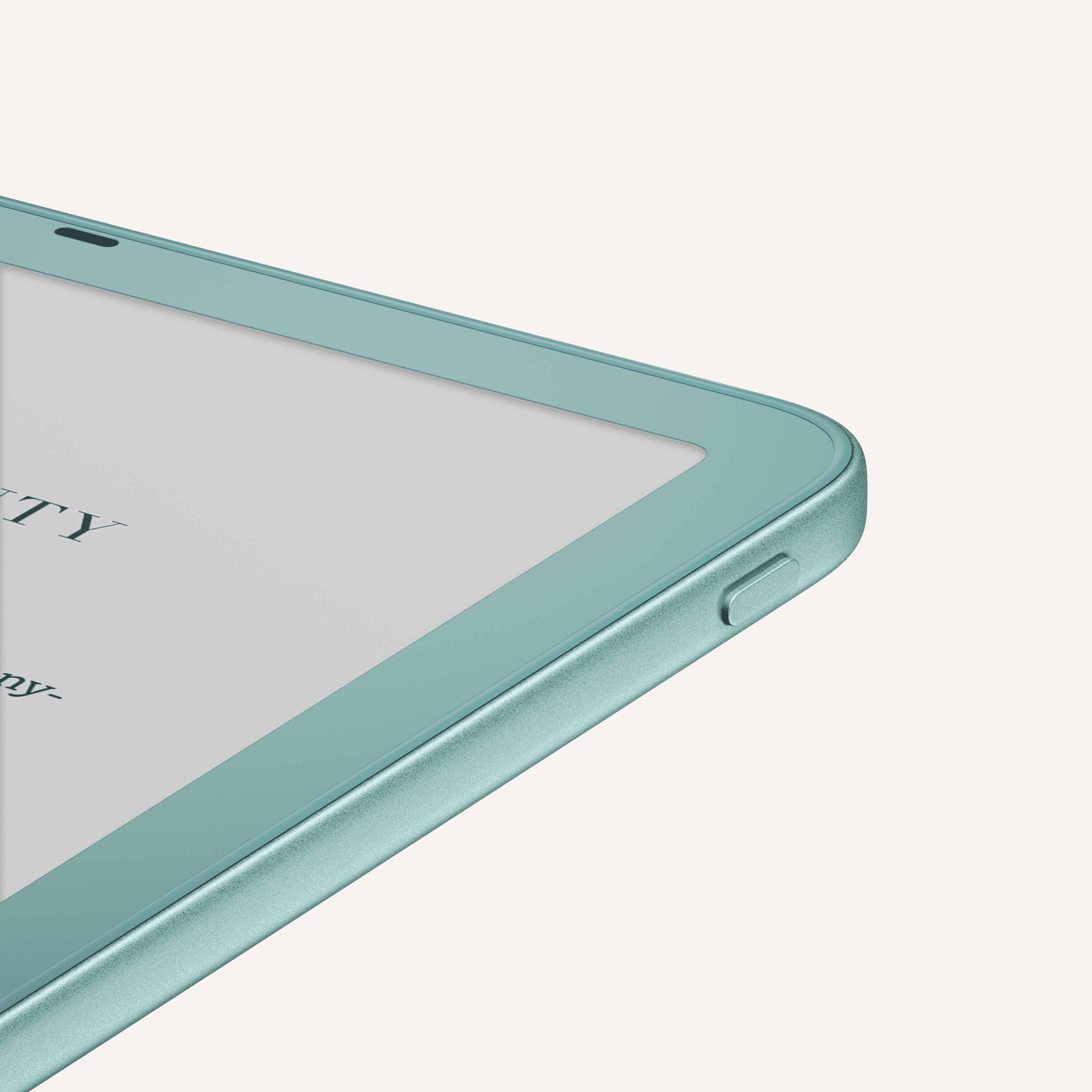 Amazon Kindle e-reader with rounded corners and power button on bottom edge in teal color.
