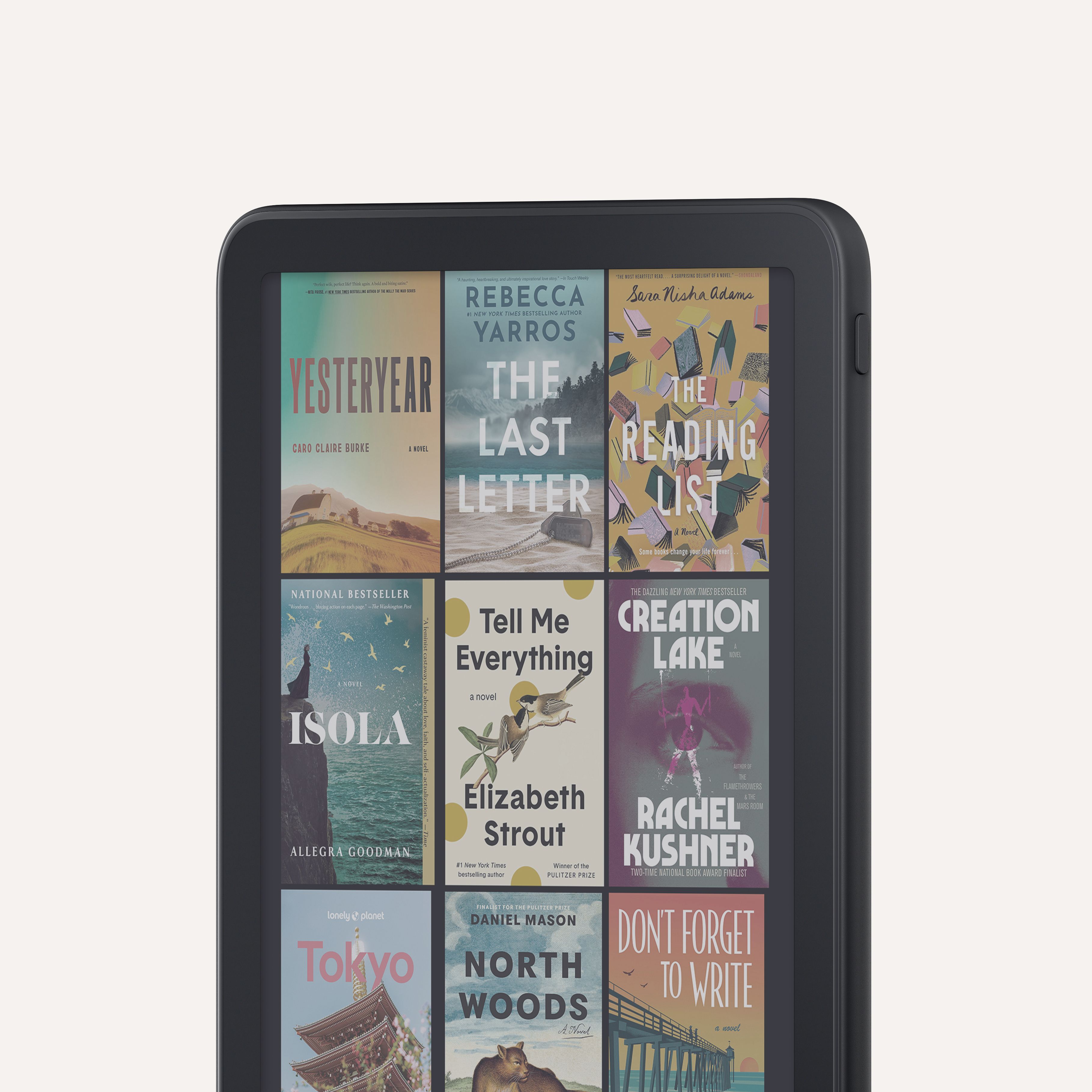 Amazon Kindle e-reader displaying a library of book covers including Intermezzo, The Last Letter, The Reading List, Isola, Tell Me Everything, Creation Lake, Tokyo, North Woods, and Don't Forget Me.