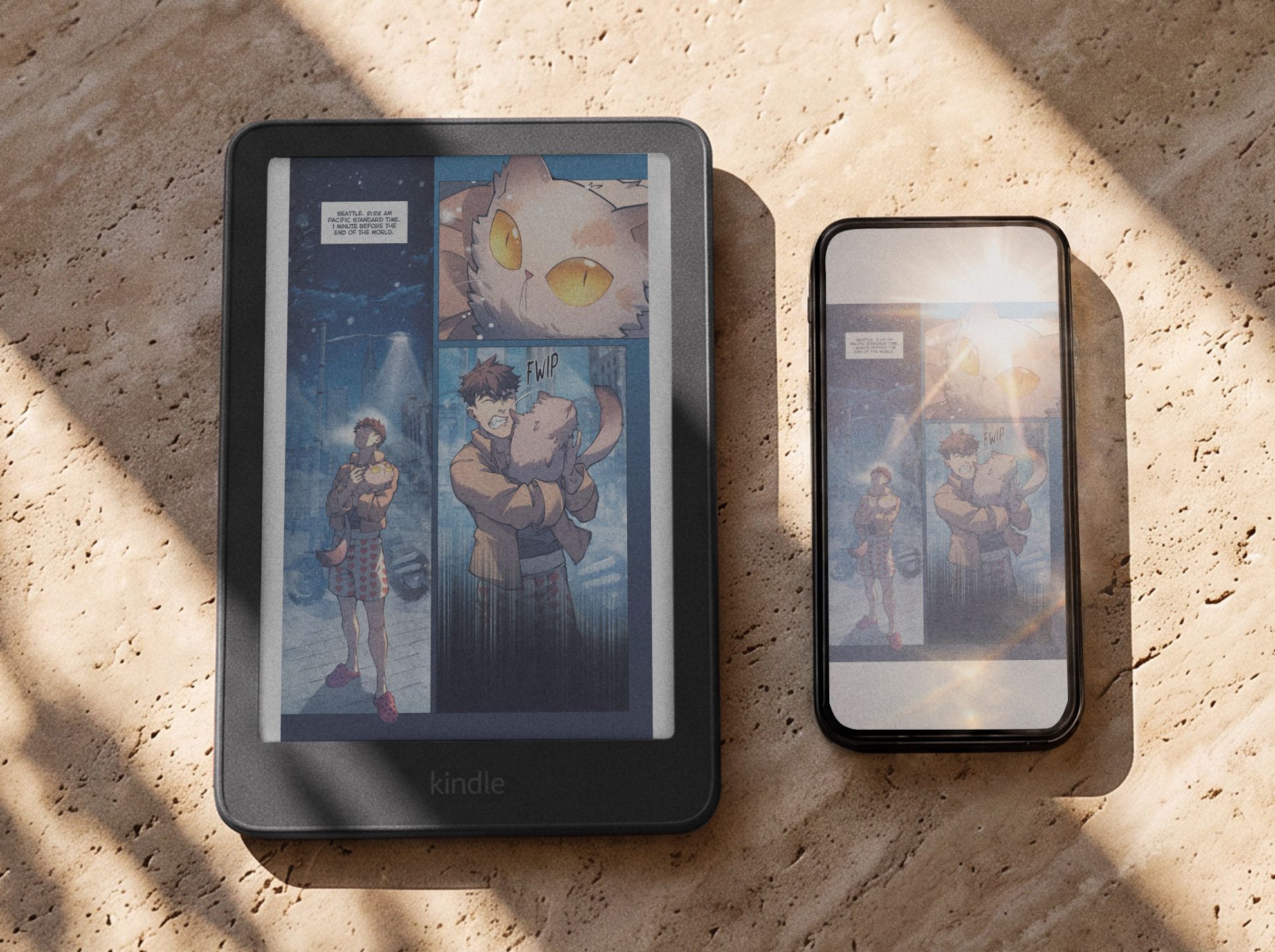 Amazon Kindle e-reader displaying book covers on a textured surface next to a smartphone.