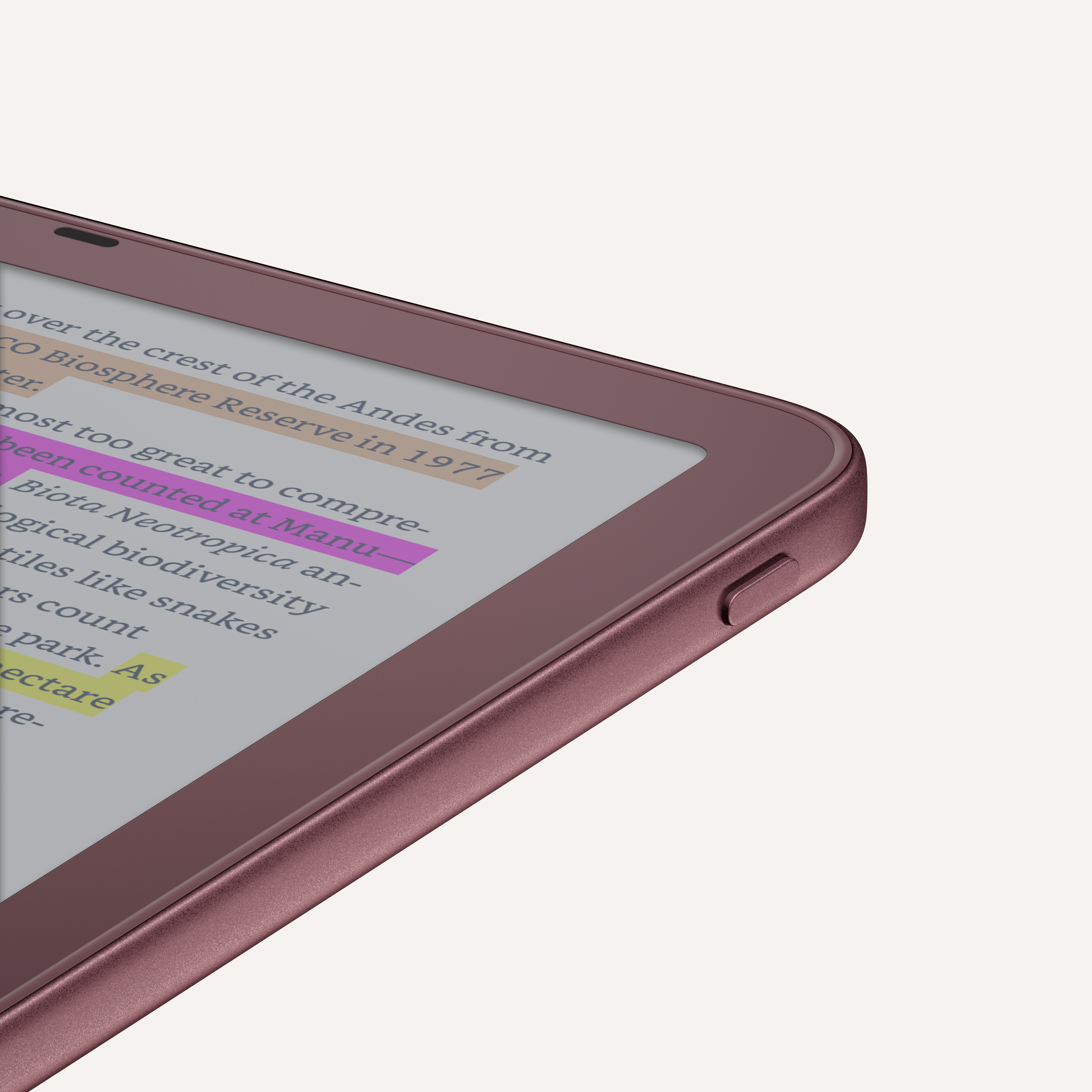 Amazon Kindle e-reader with rounded corners displaying text with highlighted passages in purple and yellow.