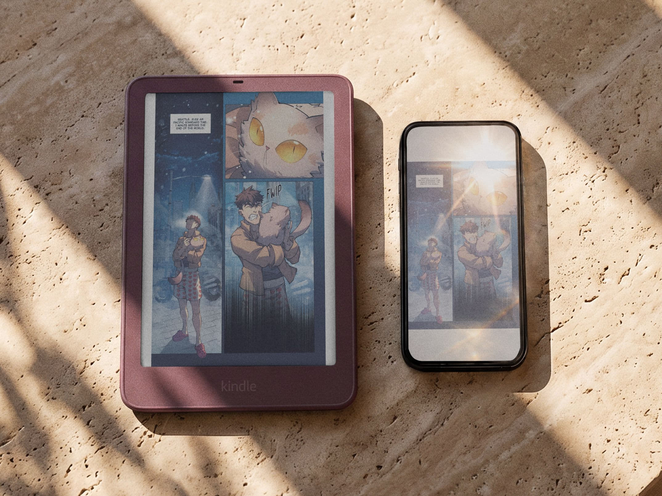 Kindle e-reader displaying book covers on a textured surface next to a smartphone.