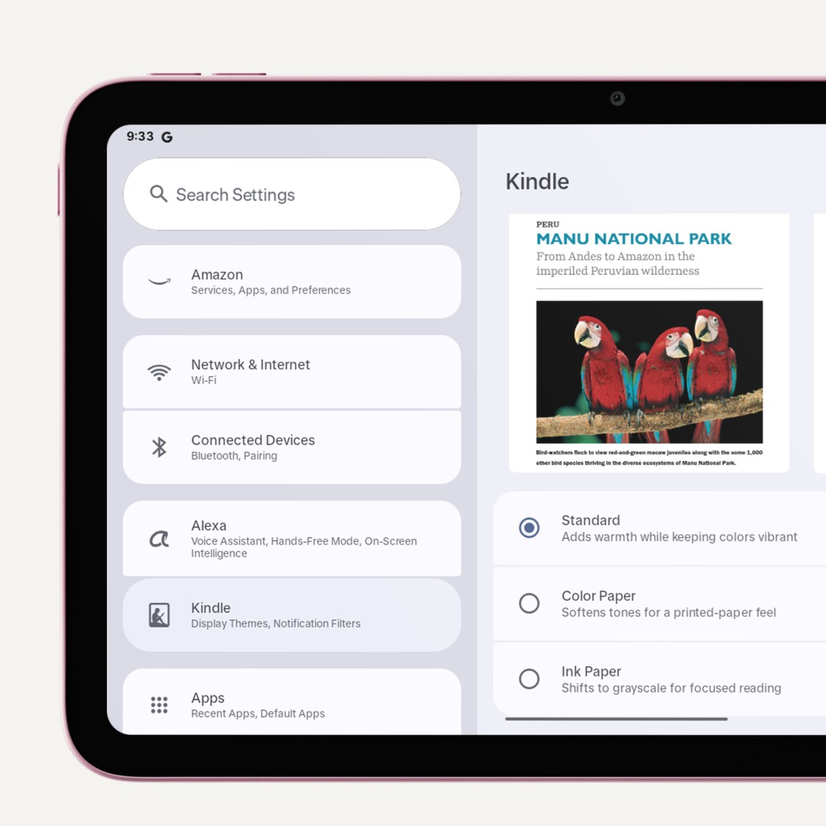 Amazon Alexa Tablet 8 displaying settings menu and Kindle display themes. Selected theme reads: "Standard. Adds warmth while keeping colors vibrant."