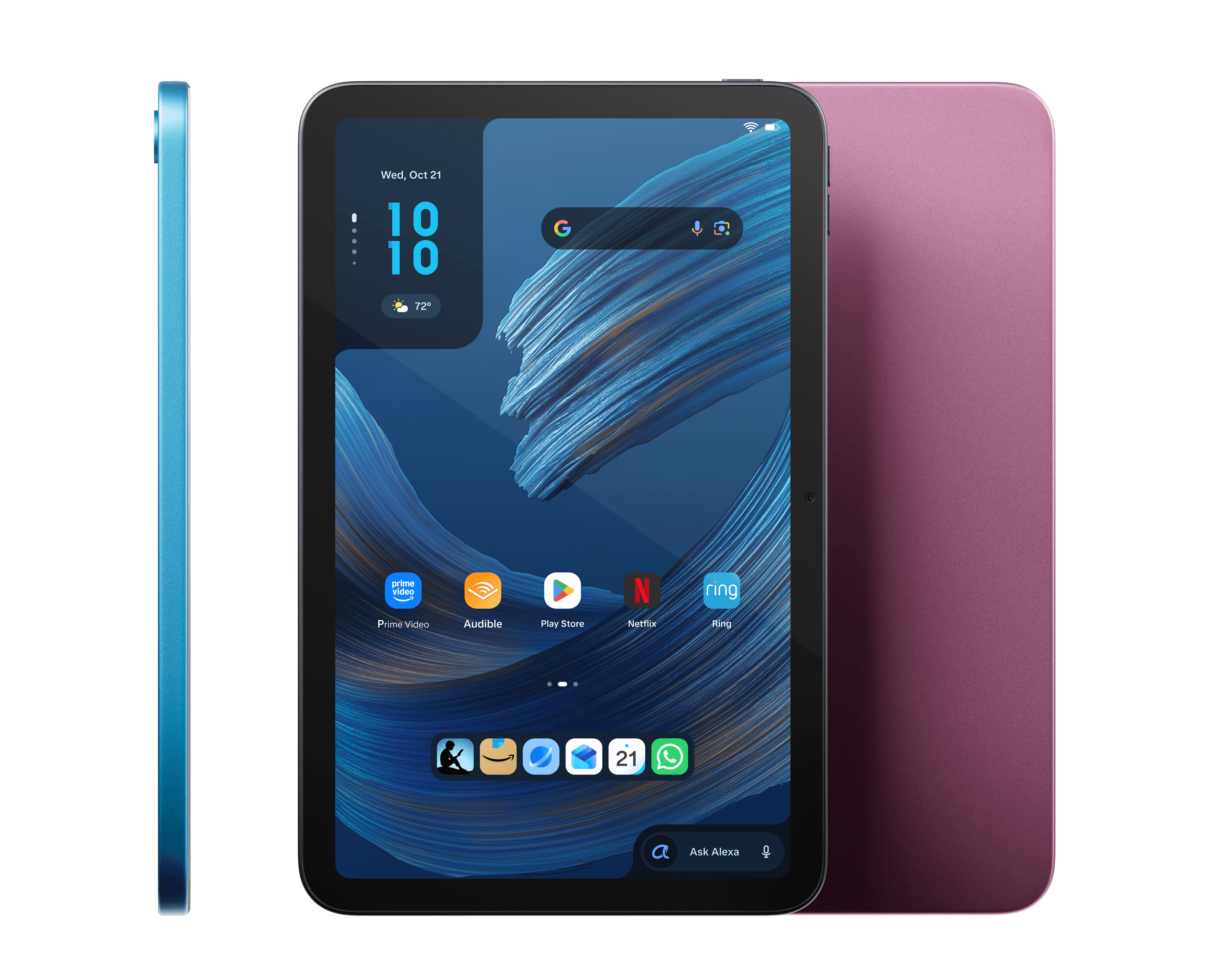 Amazon Alexa Tablet 8 shown in three views: side profile in Teal, front view displaying home screen with app icons in Graphite, and back view in Rosette.