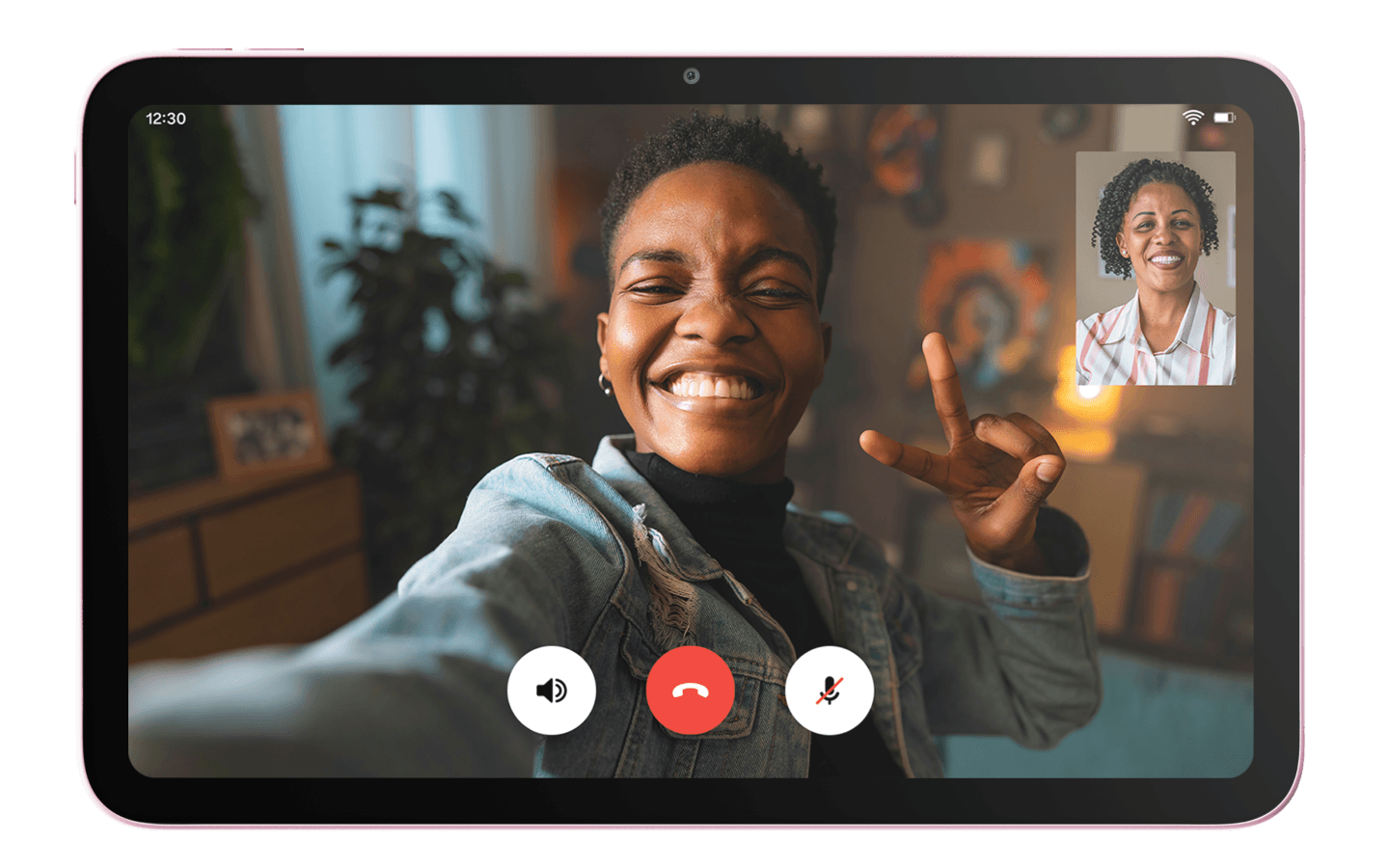 Amazon Alexa Tablet 8 displaying video call from front facing camera with person making peace sign.