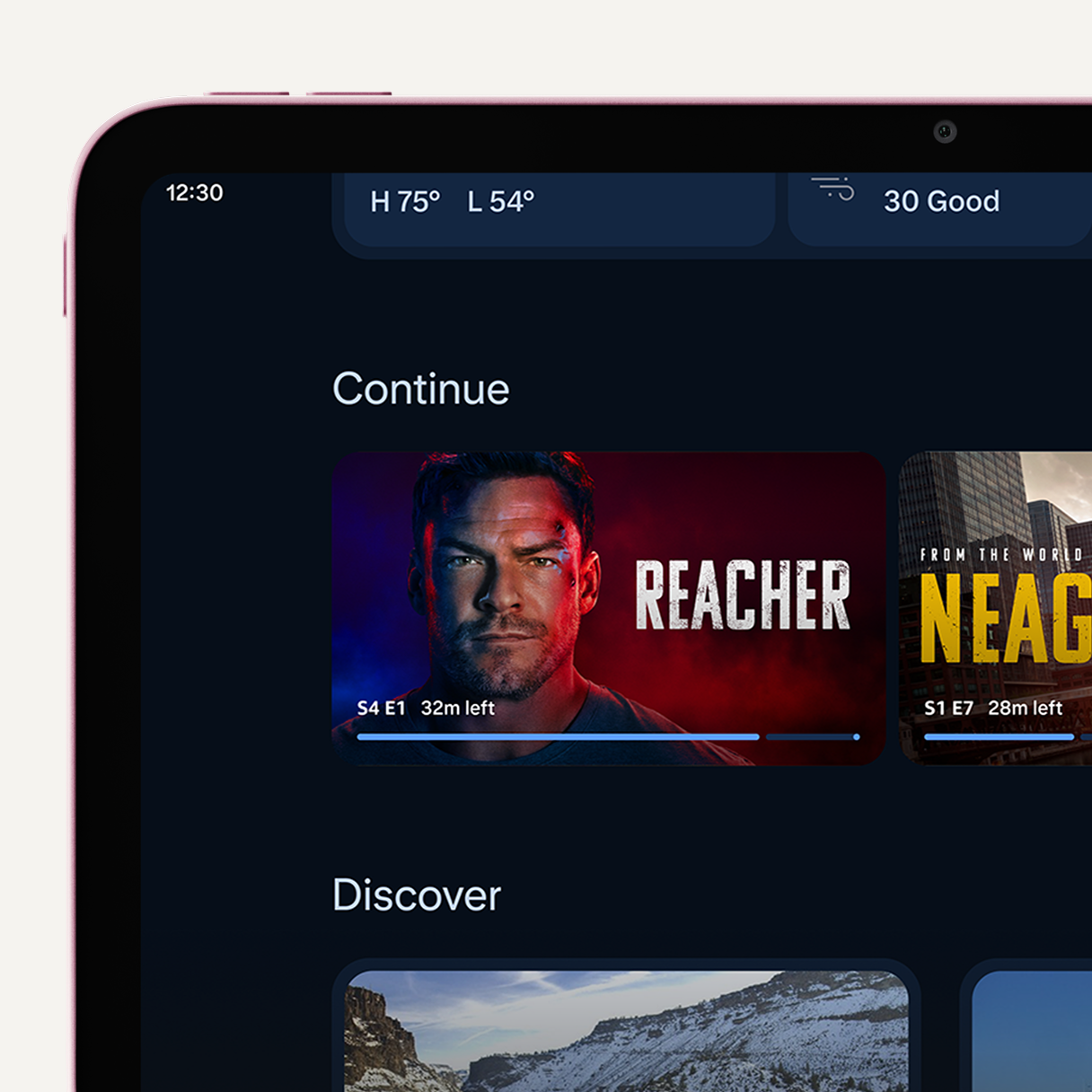 Amazon Alexa Tablet 8 displaying album cover art and Amazon Music interface.