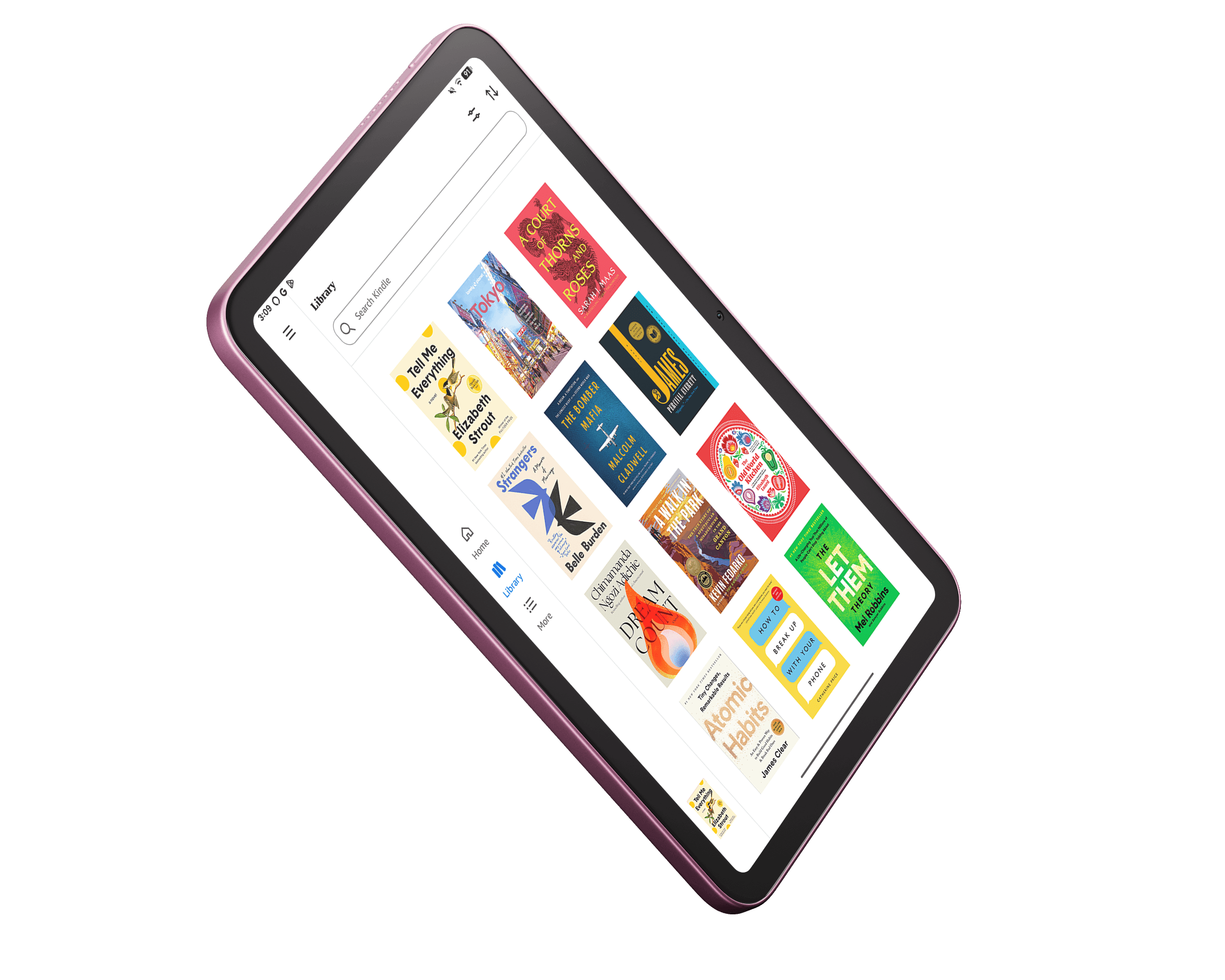 Amazon Alexa Tablet 8 displaying colorful book covers in the Kindle Library.