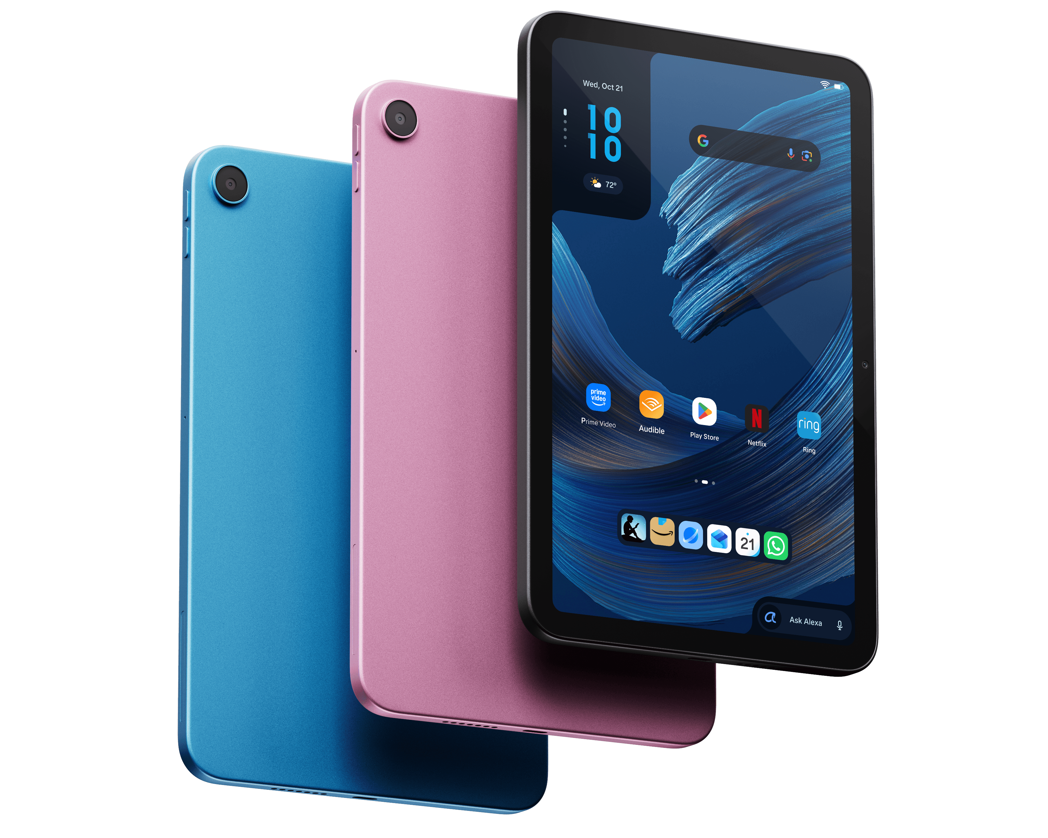 Amazon Alexa Tablet 8 shown in three colors: Teal, Rosette, and Graphite with buttons on the top and edge.